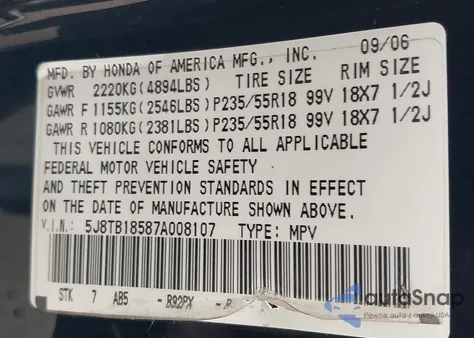 2007 Acura Rdx from USA, damaged, VIN 5J8TB18587A008107